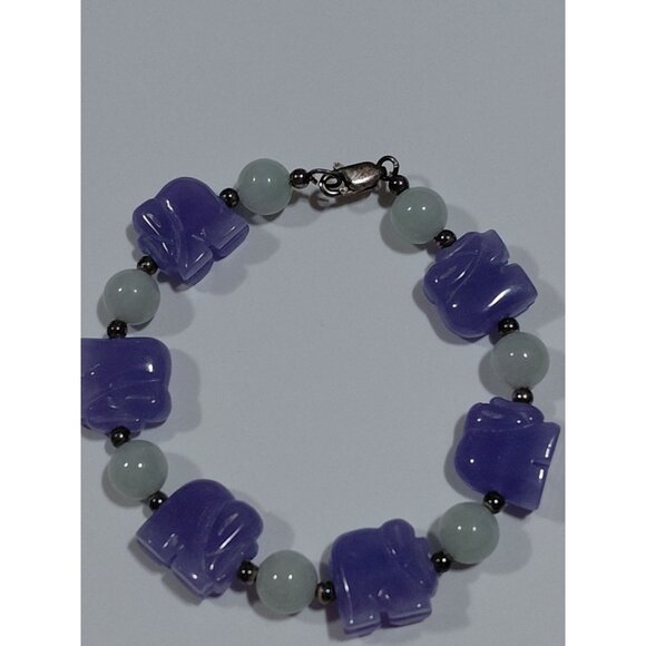 None Jewelry - Vtg Lavender & Green Jade Elephant Beaded Bracelet With Silver Clasp Sz 6.25